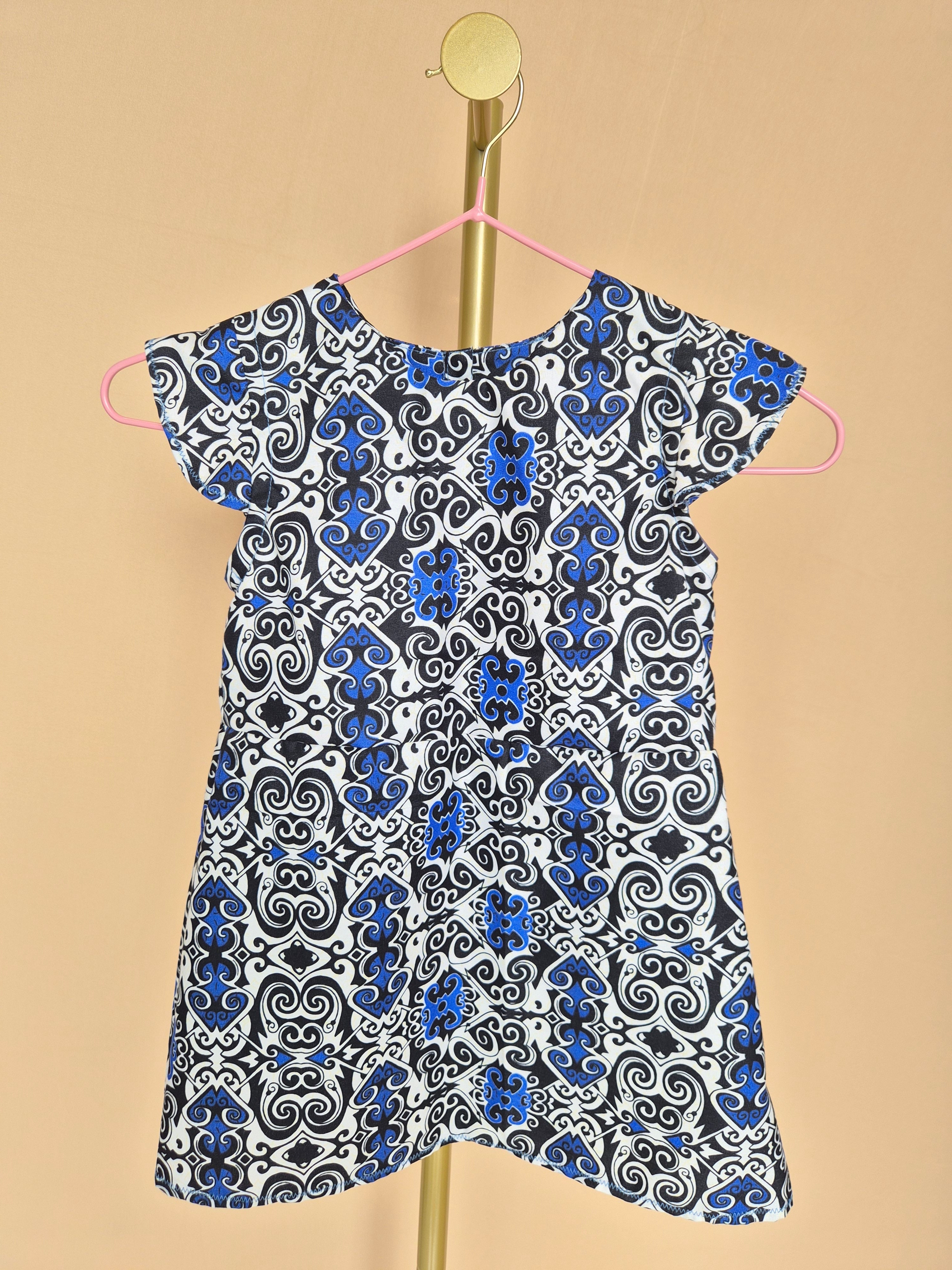Handmade Blue, Black & White Flutter-Sleeve Dress Size 1-2 years