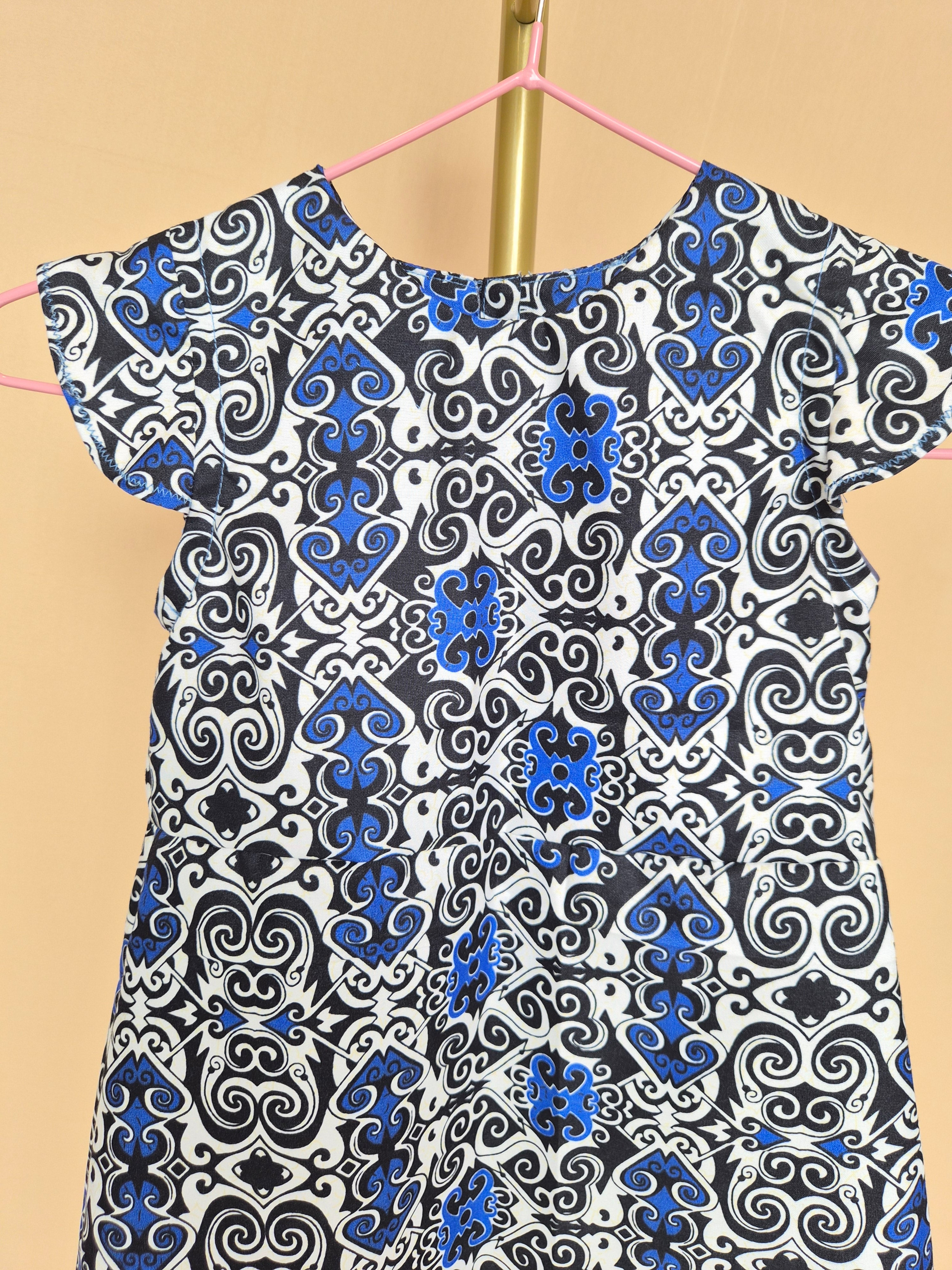 Handmade Blue, Black & White Flutter-Sleeve Dress Size 1-2 years