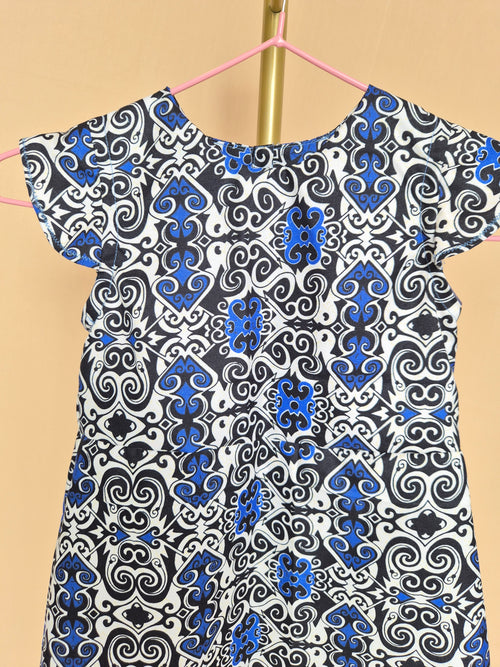 Handmade Blue, Black & White Flutter-Sleeve Dress Size 1-2 years