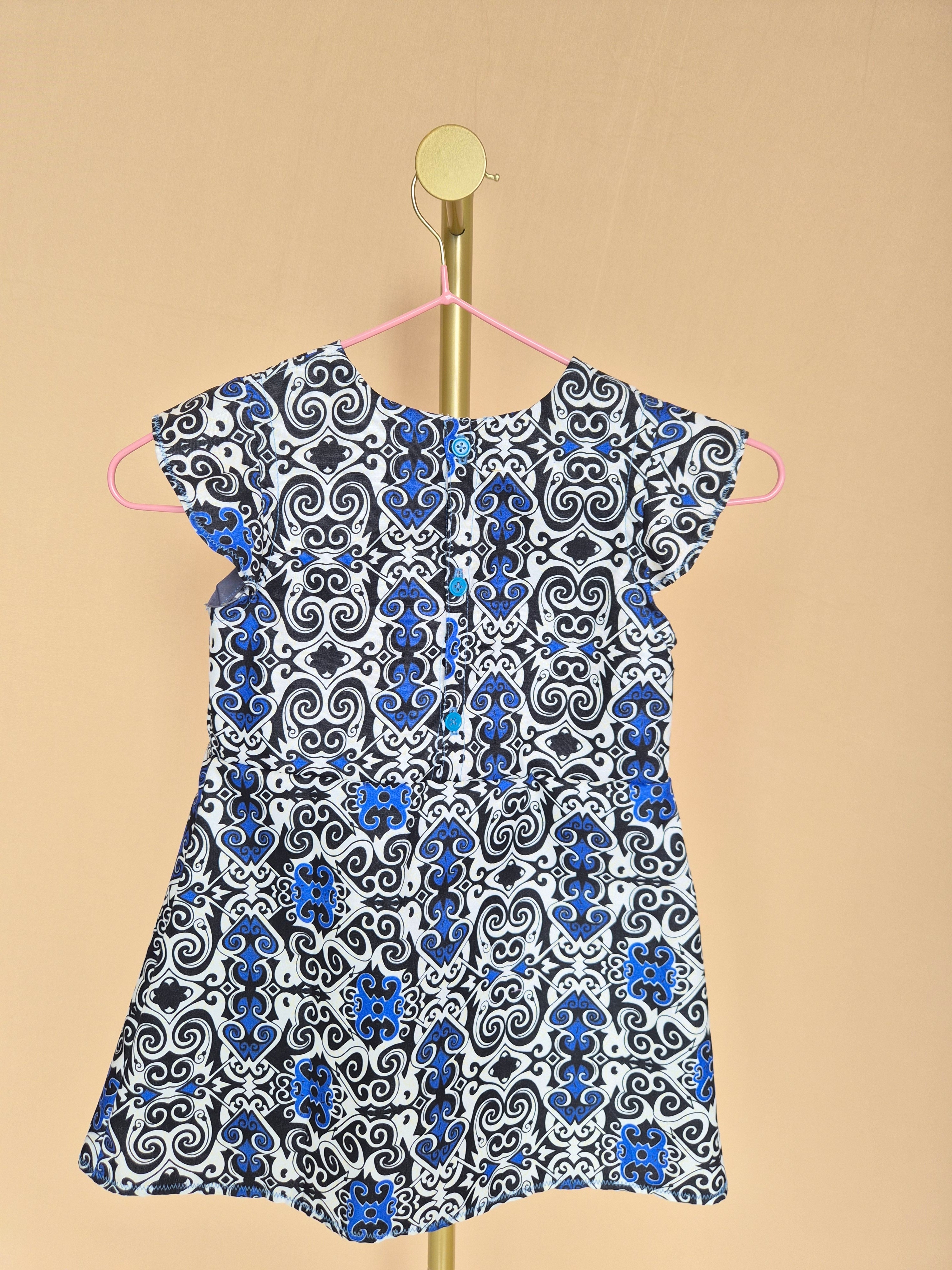 Handmade Blue, Black & White Flutter-Sleeve Dress Size 1-2 years