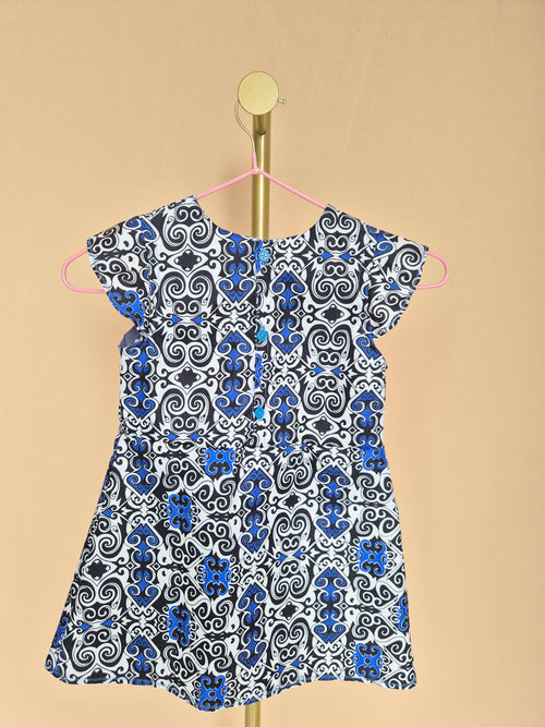 Handmade Blue, Black & White Flutter-Sleeve Dress Size 1-2 years