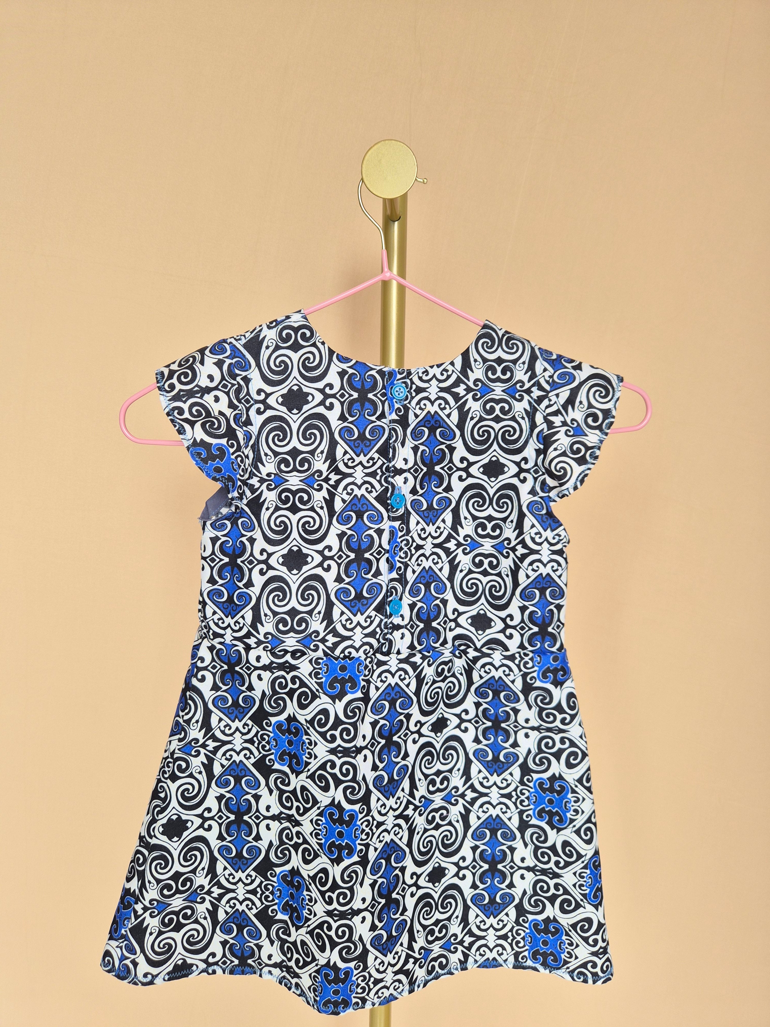 Handmade Blue, Black & White Flutter-Sleeve Dress Size 1-2 years
