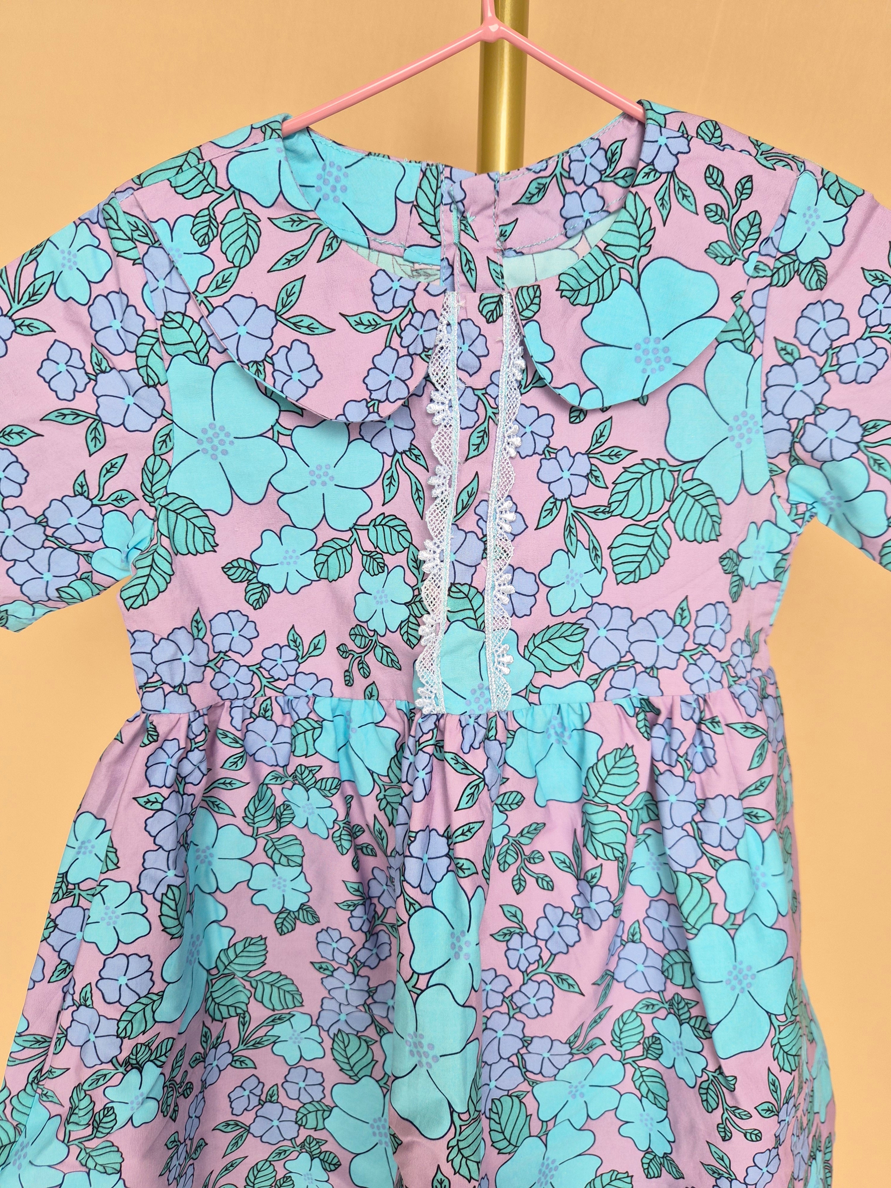 Handmade Lilac & Aqua Floral Peter Pan Collar Dress Size 1 -2 Years