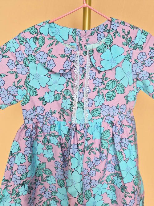 Handmade Lilac & Aqua Floral Peter Pan Collar Dress Size 1 -2 Years