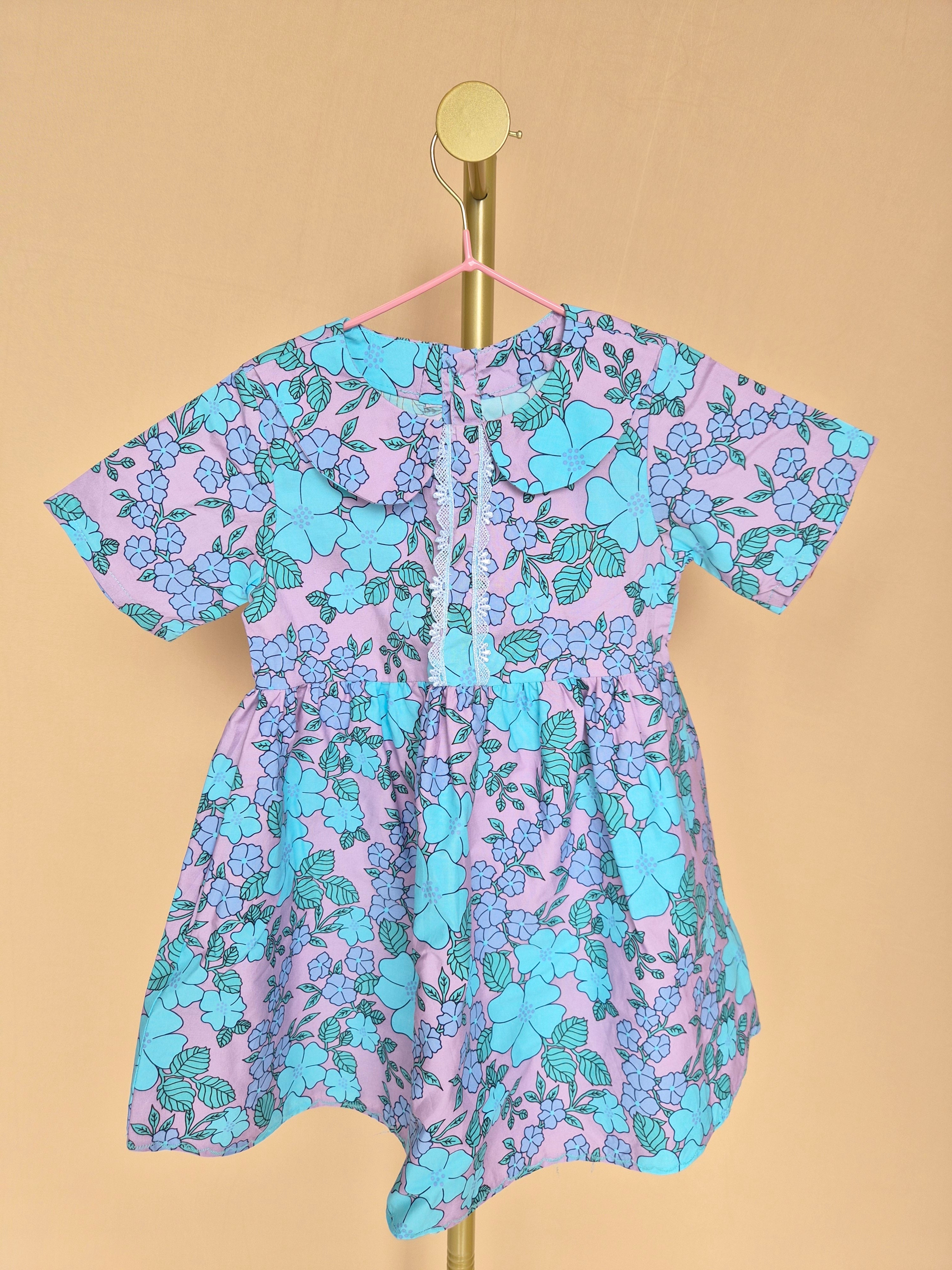 Handmade Lilac & Aqua Floral Peter Pan Collar Dress Size 1 -2 Years