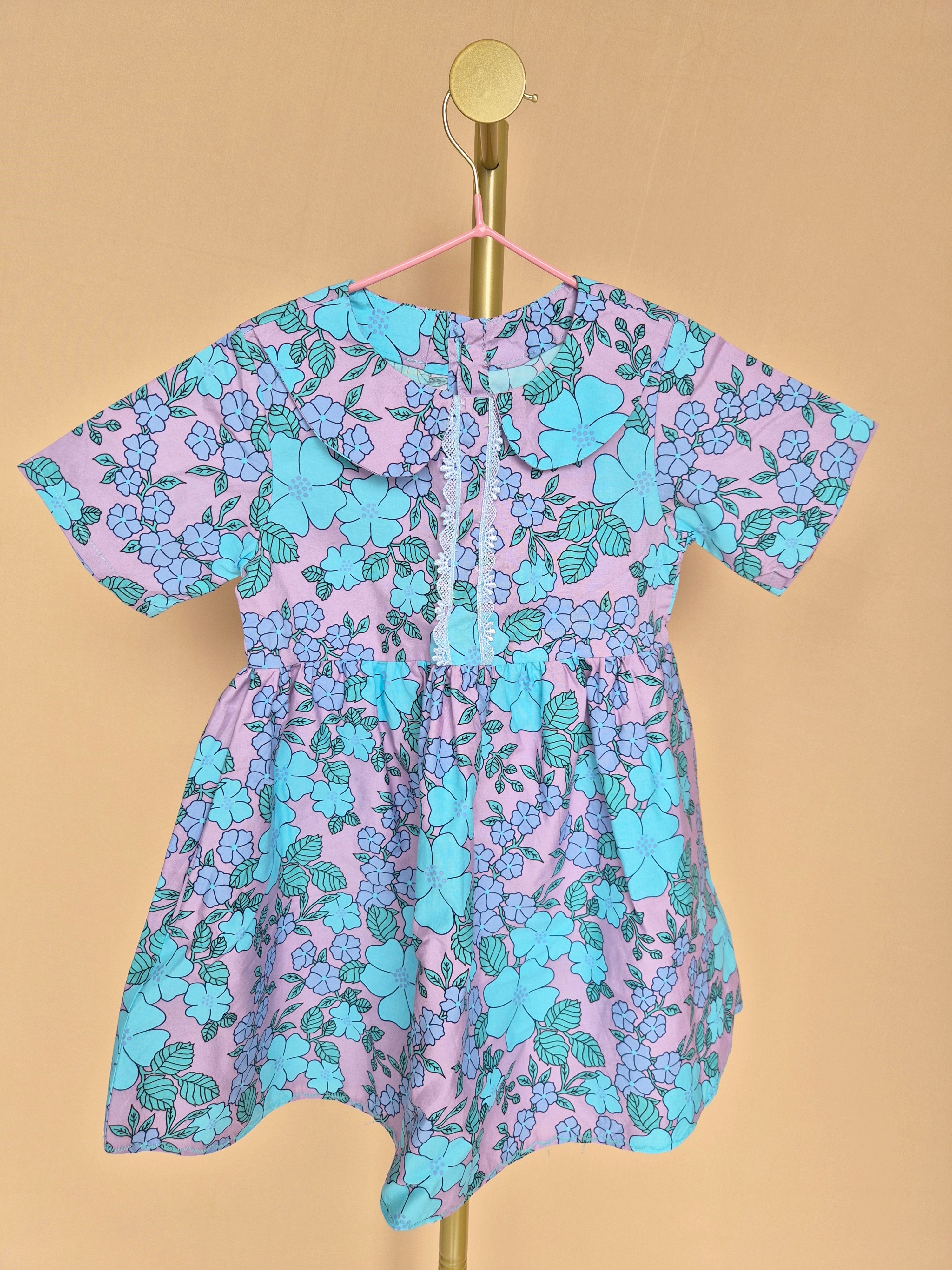 Handmade Lilac & Aqua Floral Peter Pan Collar Dress Size 1 -2 Years