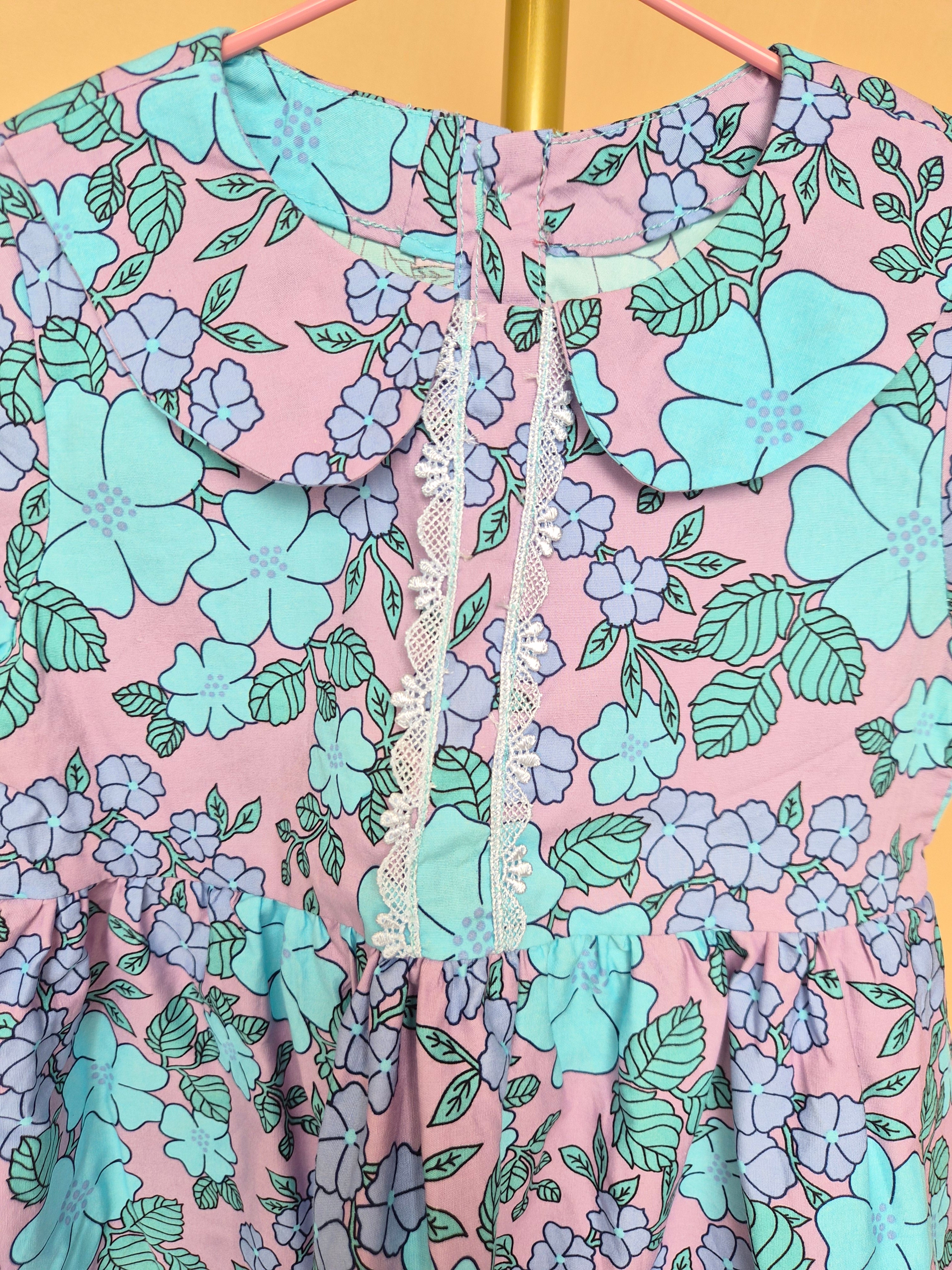 Handmade Lilac & Aqua Floral Peter Pan Collar Dress Size 1 -2 Years