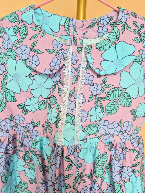 Handmade Lilac & Aqua Floral Peter Pan Collar Dress Size 1 -2 Years