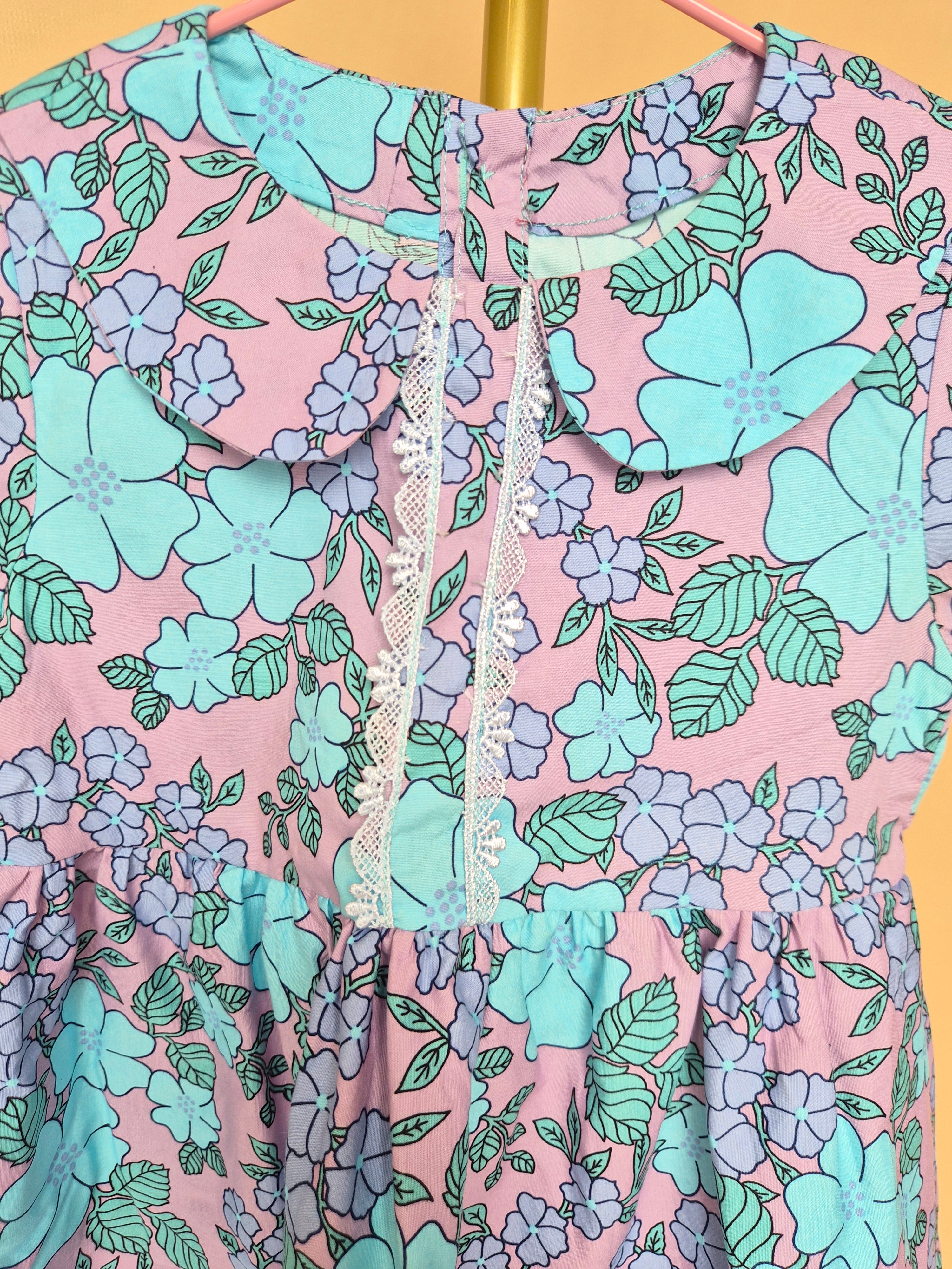 Handmade Lilac & Aqua Floral Peter Pan Collar Dress Size 1 -2 Years
