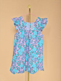 Handmade Lilac & Aqua Floral Flutter-Sleeve Dress – Age 7