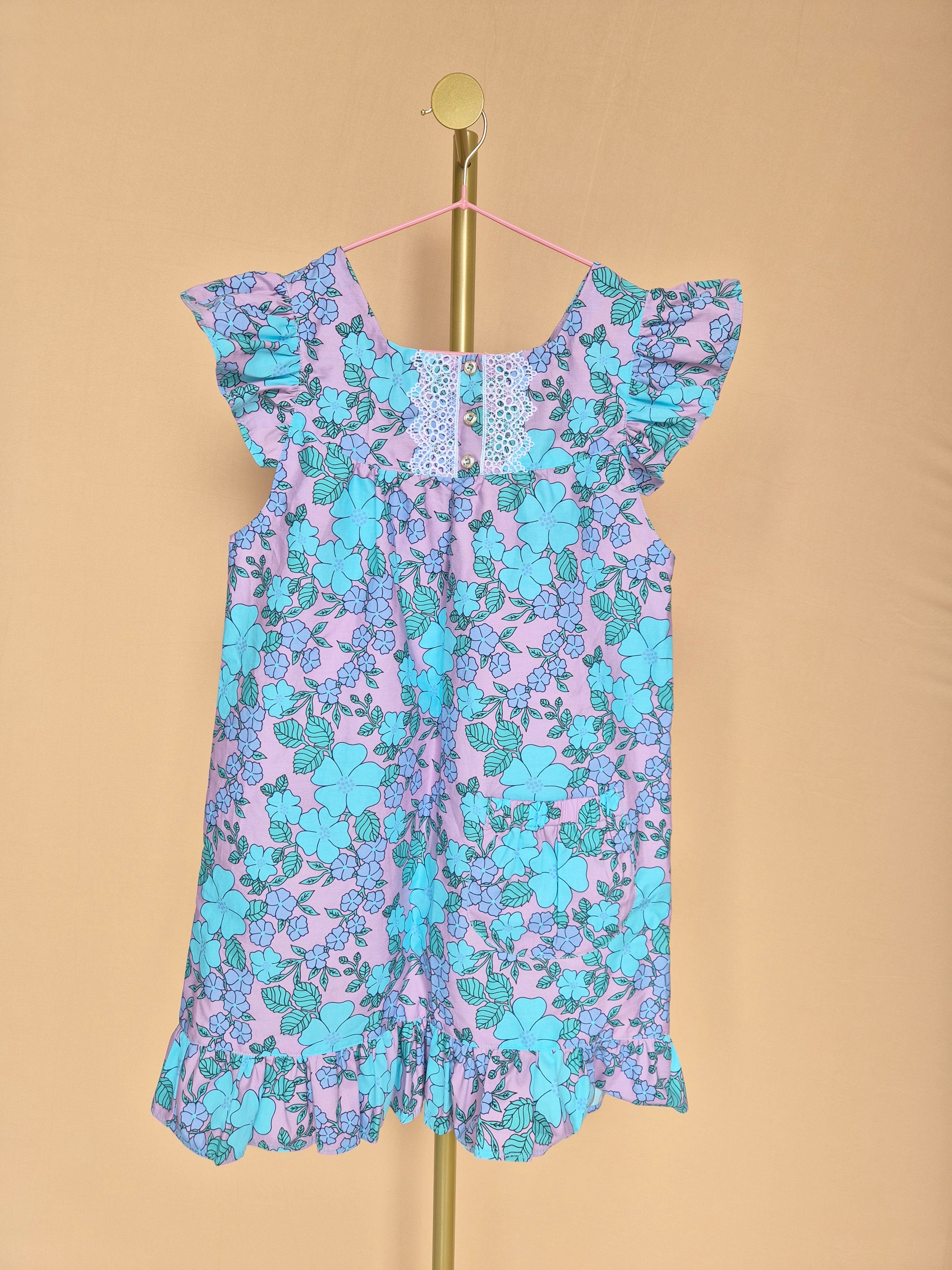 Handmade Lilac & Aqua Floral Flutter-Sleeve Dress – Age 7