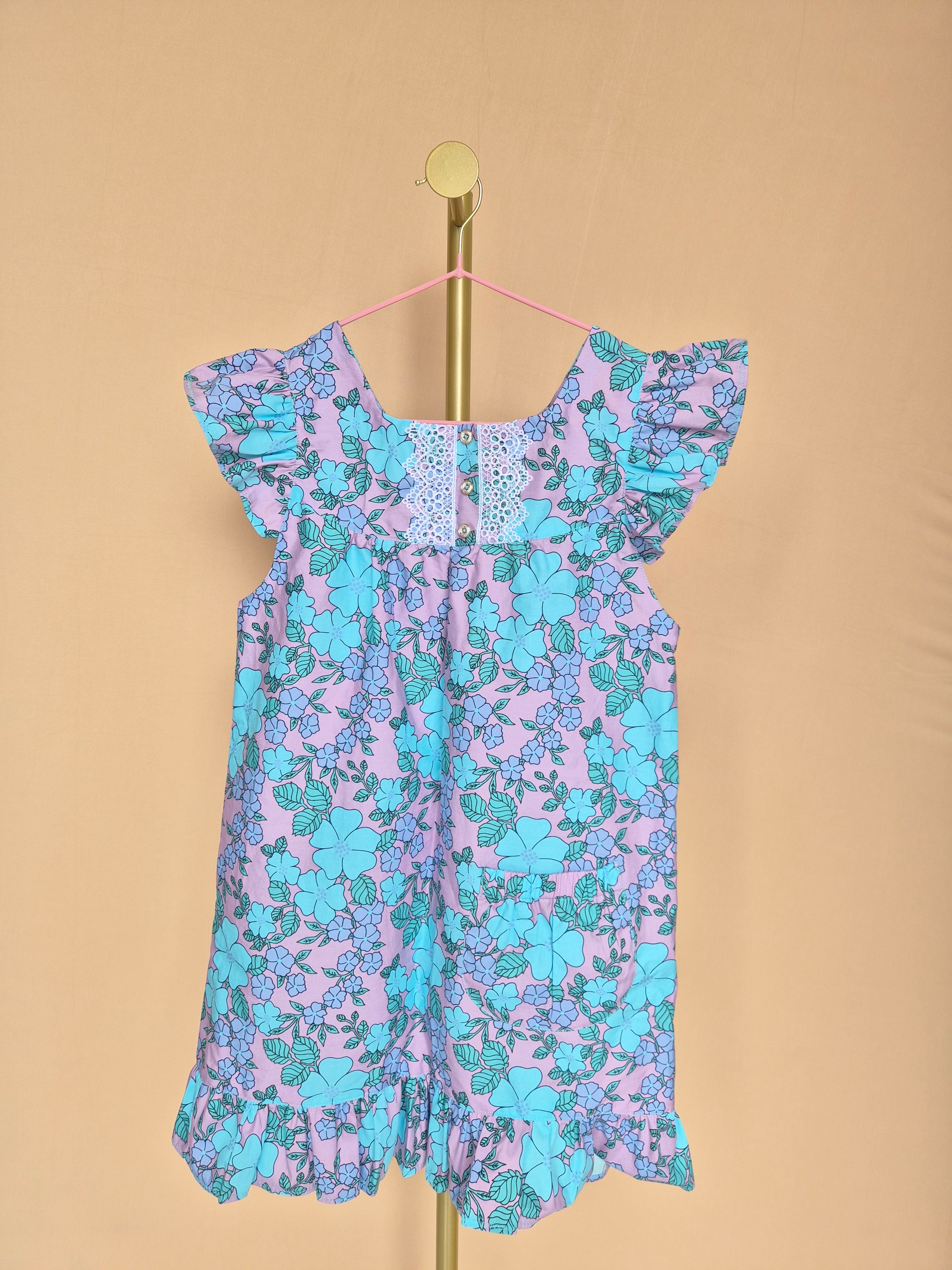 Handmade Lilac & Aqua Floral Flutter-Sleeve Dress – Age 7