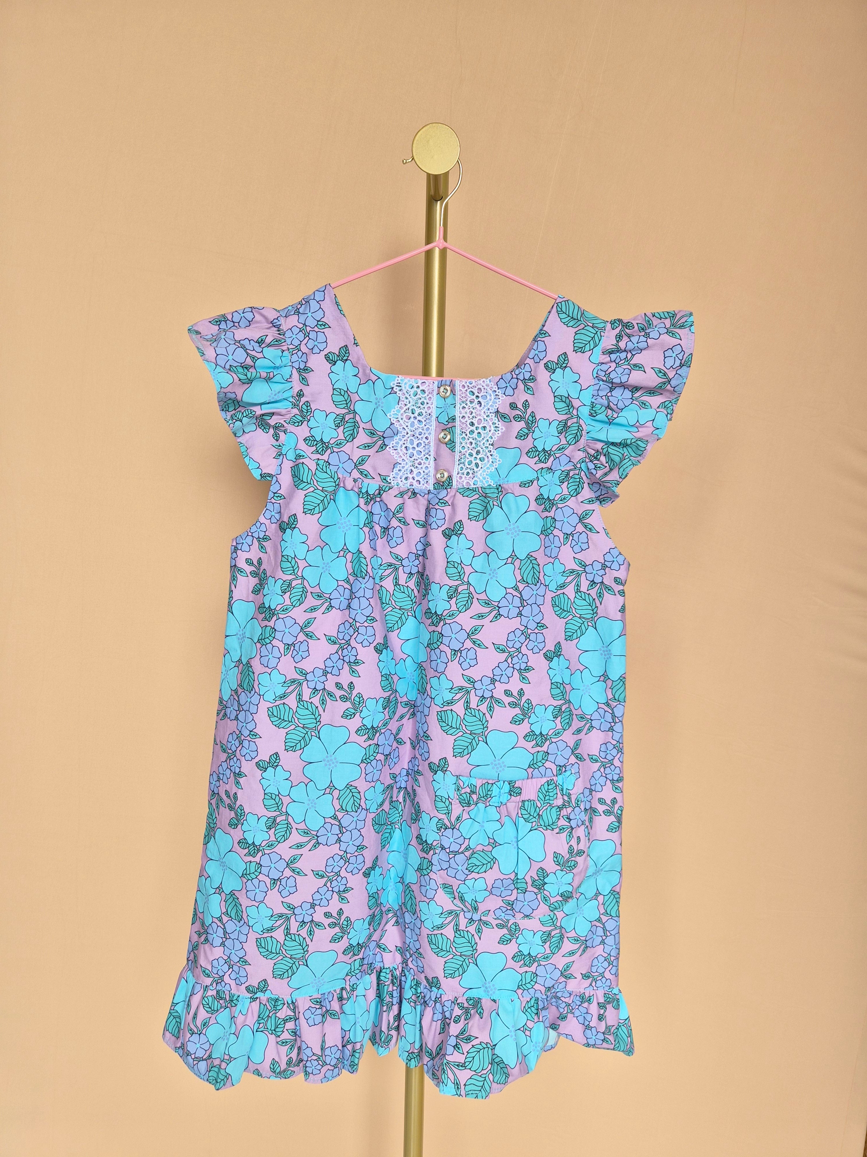 Handmade Lilac & Aqua Floral Flutter-Sleeve Dress – Age 7