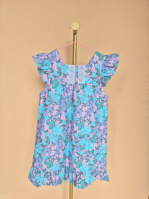 Handmade Lilac & Aqua Floral Flutter-Sleeve Dress – Age 7