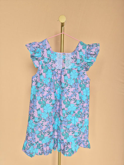 Handmade Lilac & Aqua Floral Flutter-Sleeve Dress – Age 7