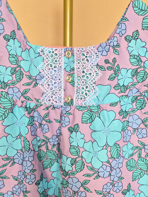 Handmade Lilac & Aqua Floral Flutter-Sleeve Dress – Age 7