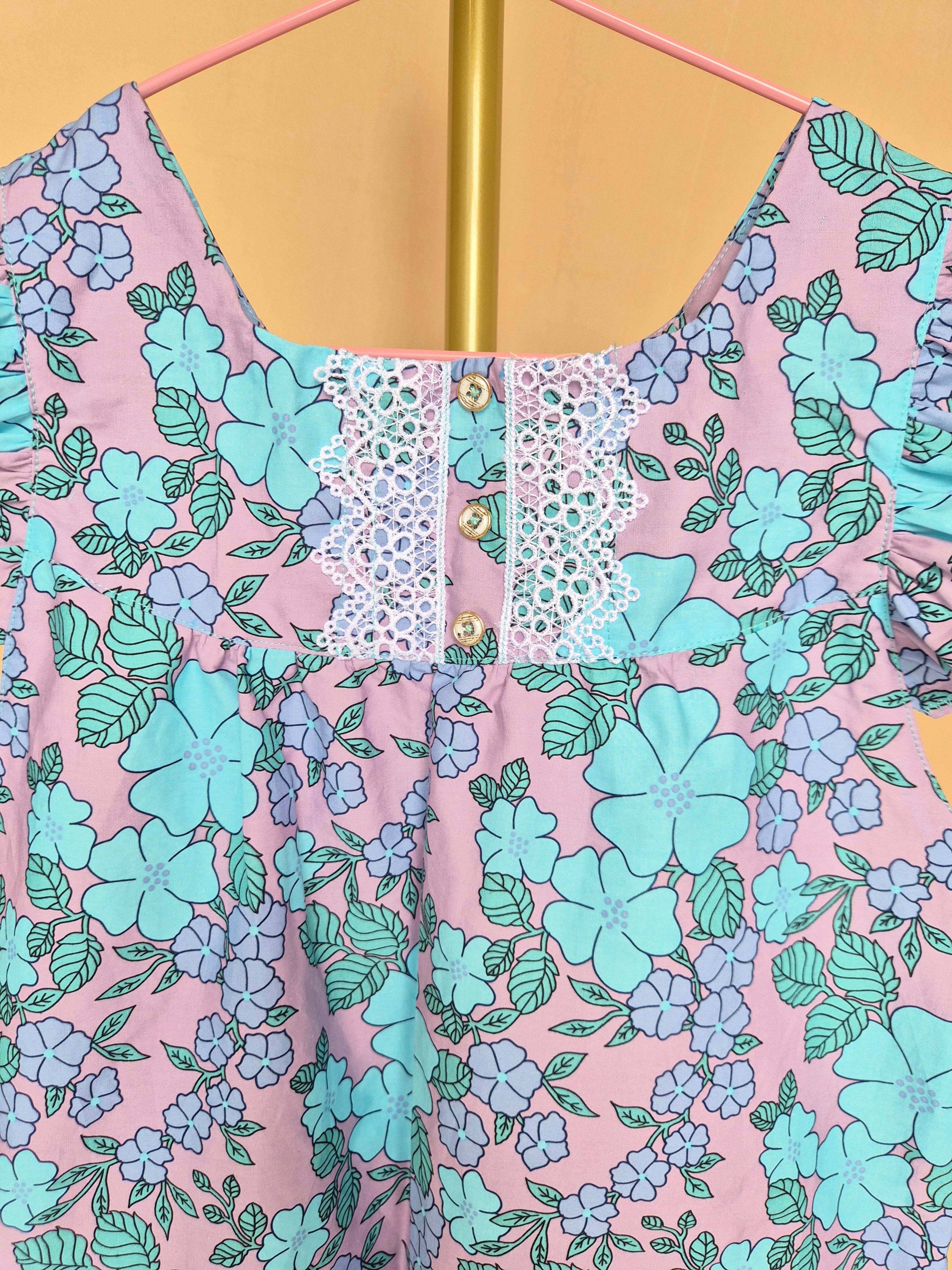 Handmade Lilac & Aqua Floral Flutter-Sleeve Dress – Age 7