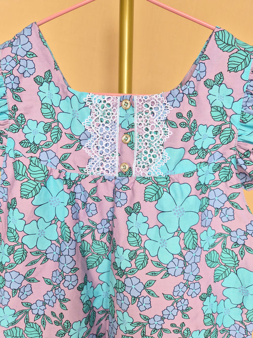 Handmade Lilac & Aqua Floral Flutter-Sleeve Dress – Age 7