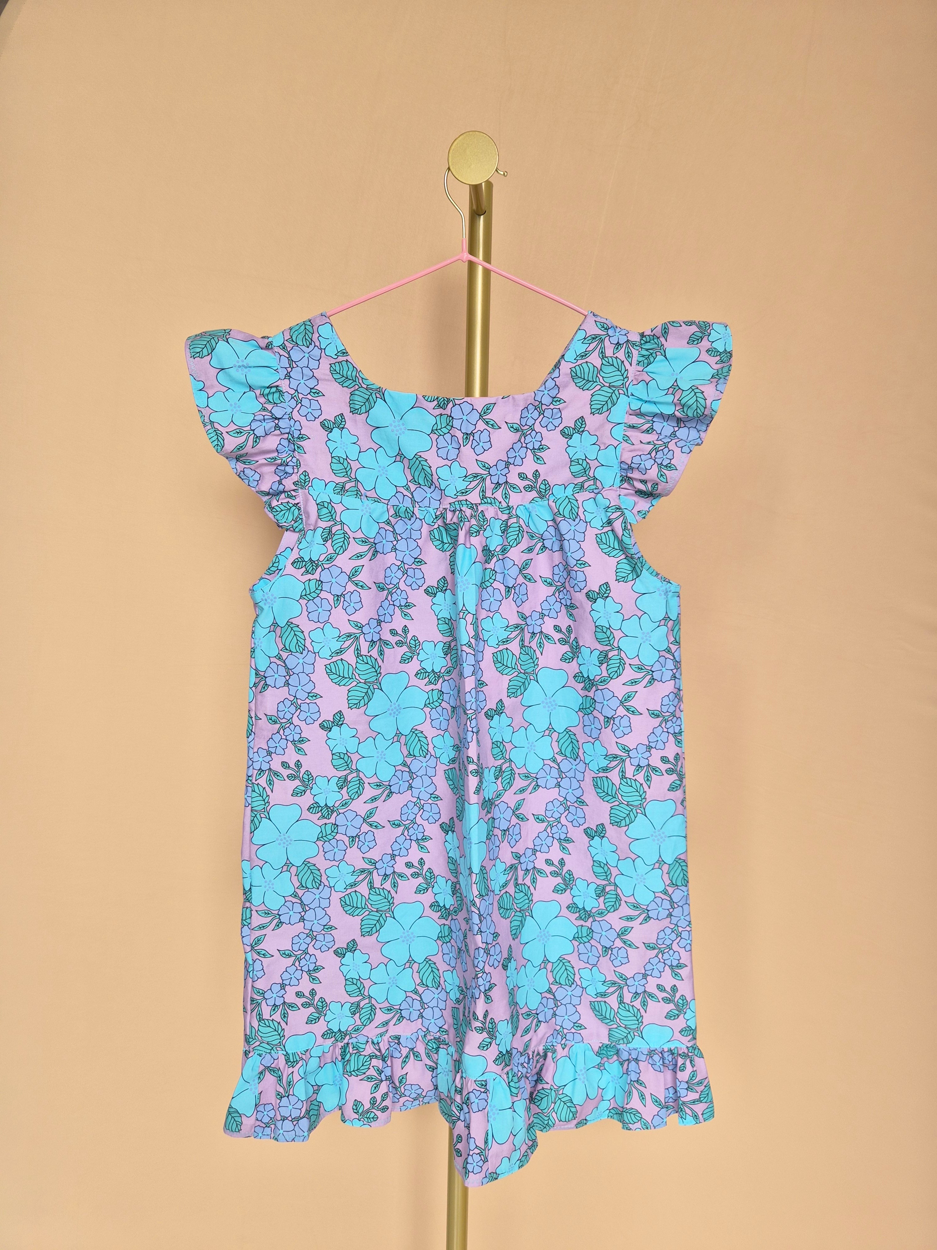 Handmade Lilac & Aqua Floral Flutter-Sleeve Dress – Age 7