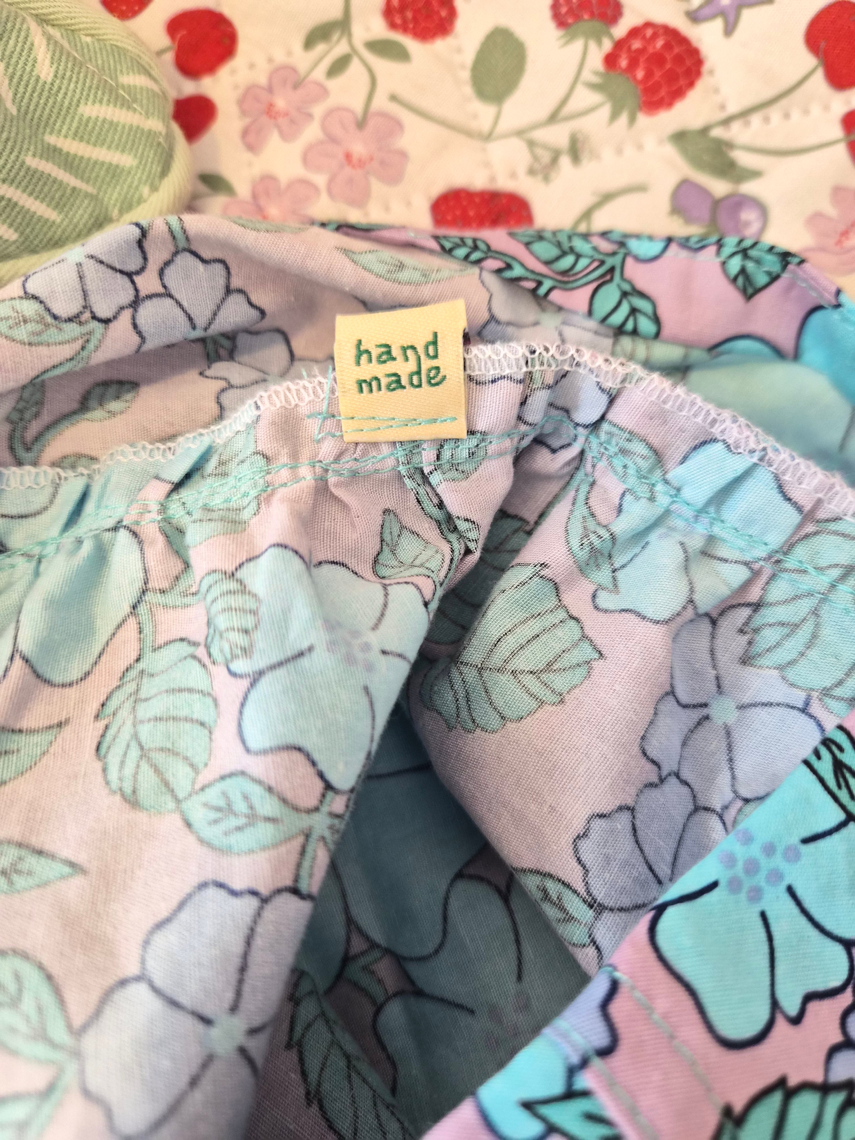 Handmade Lilac & Aqua Floral Flutter-Sleeve Dress – Age 7