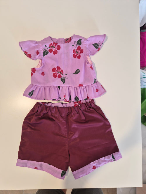 Handmade Pink Hibiscus Top & Shorts Set – Size 6–12 Months