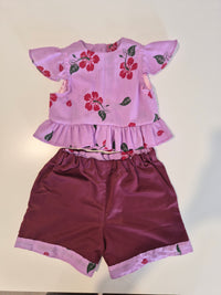 Handmade Pink Hibiscus Top & Shorts Set – Size 6–12 Months