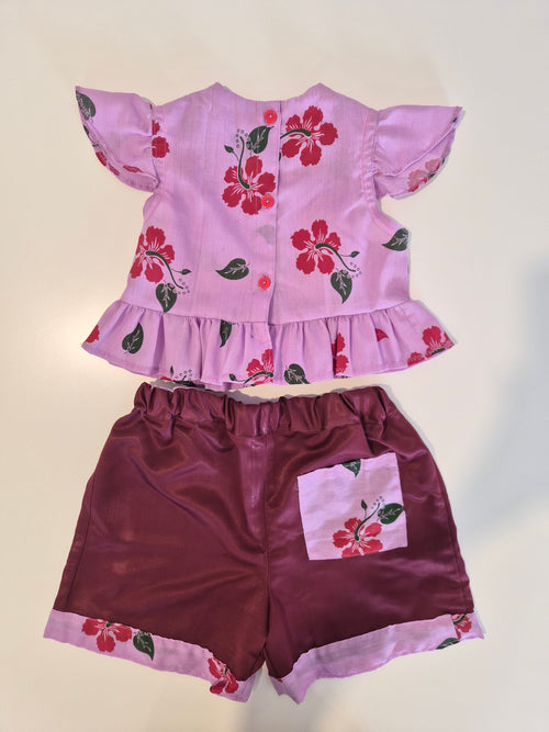 Handmade Pink Hibiscus Top & Shorts Set – Size 6–12 Months