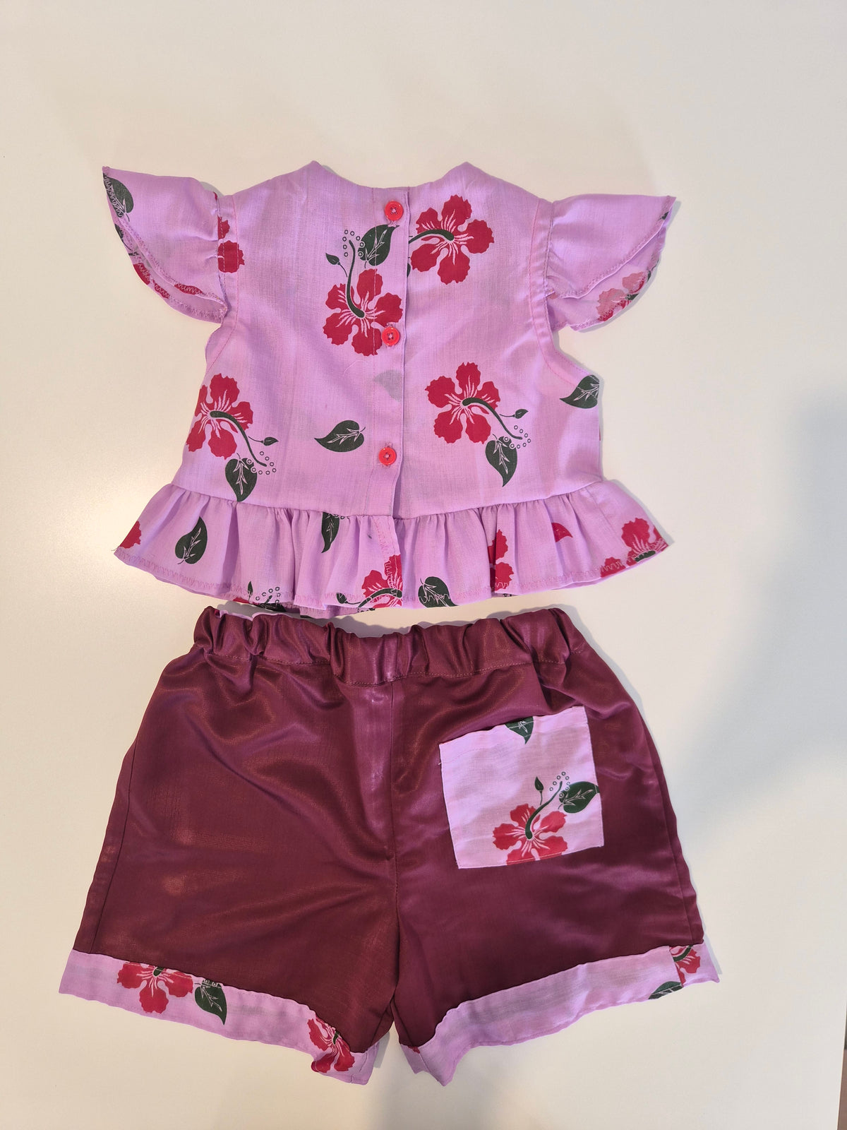 Handmade Pink Hibiscus Top & Shorts Set – Size 6–12 Months