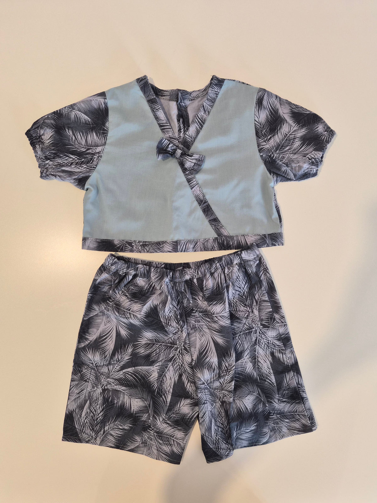 Handmade Blue Wrap Top & Palm-Print Shorts Set – Size 6–12 Months