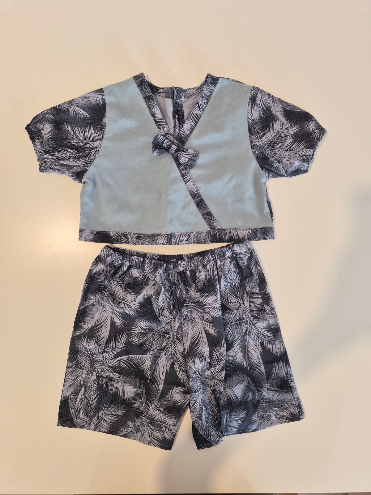 Handmade Blue Wrap Top & Palm-Print Shorts Set – Size 6–12 Months