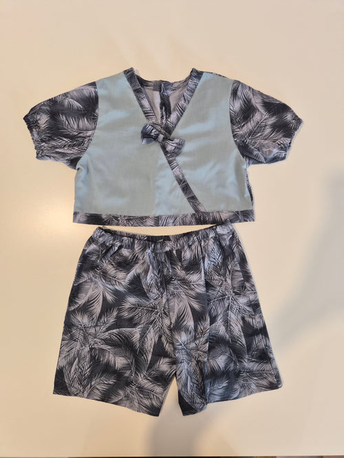 Handmade Blue Wrap Top & Palm-Print Shorts Set – Size 6–12 Months