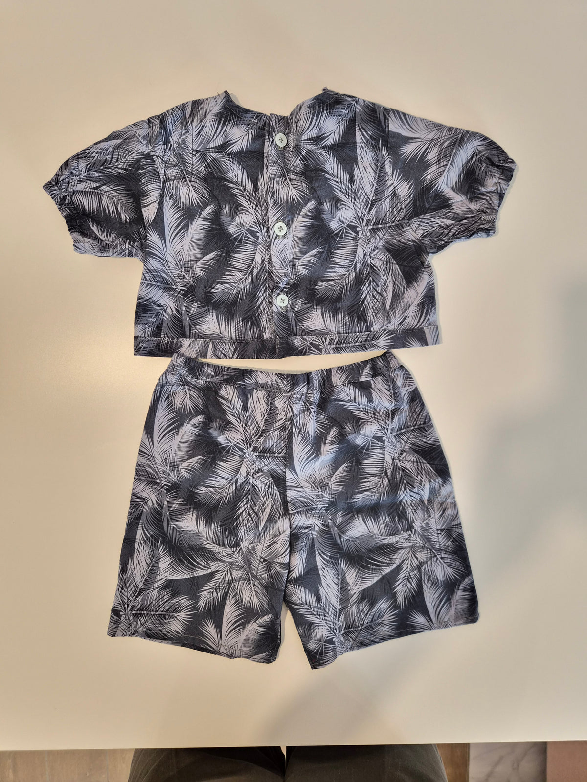 Handmade Blue Wrap Top & Palm-Print Shorts Set – Size 6–12 Months