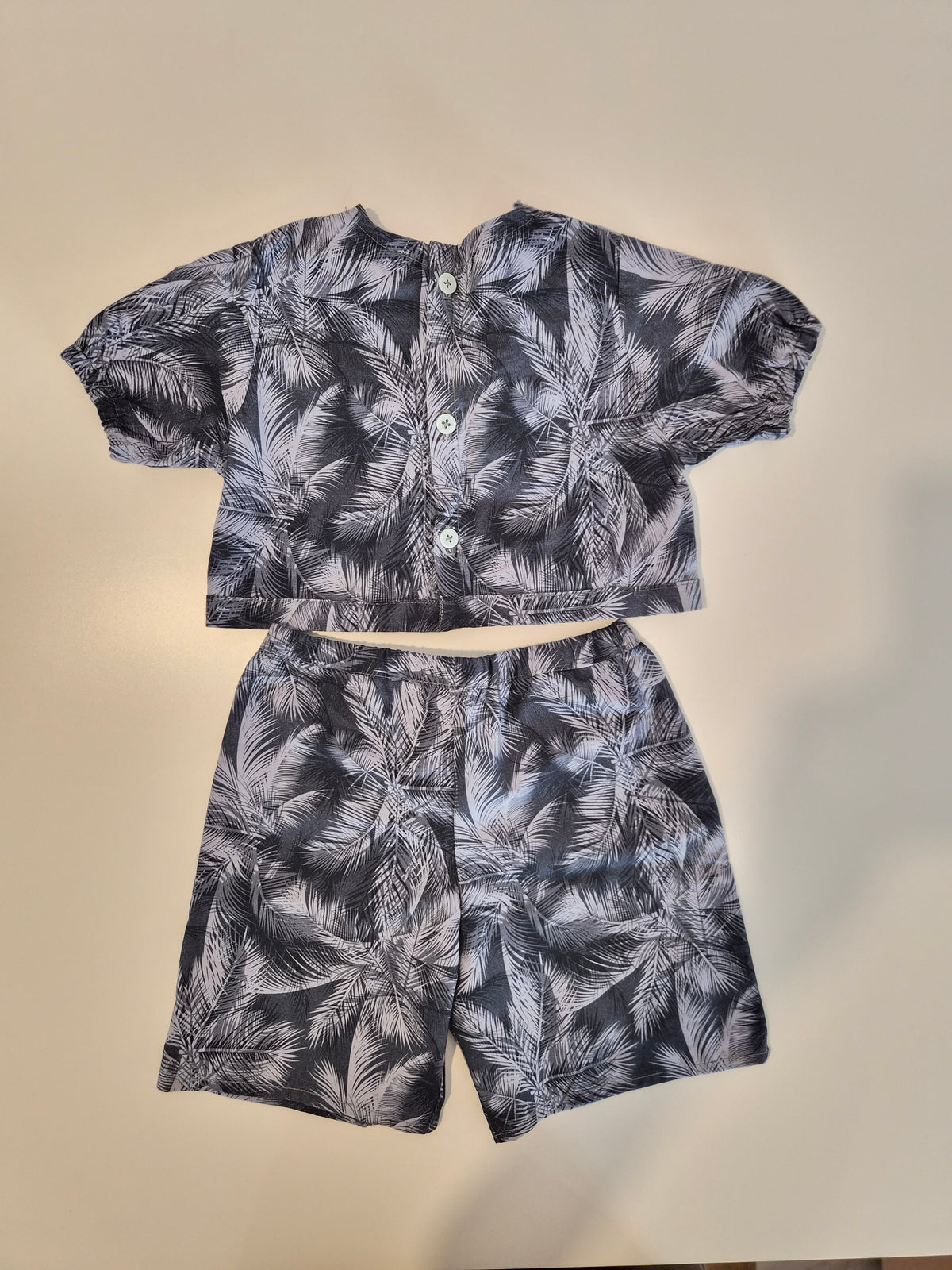 Handmade Blue Wrap Top & Palm-Print Shorts Set – Size 6–12 Months