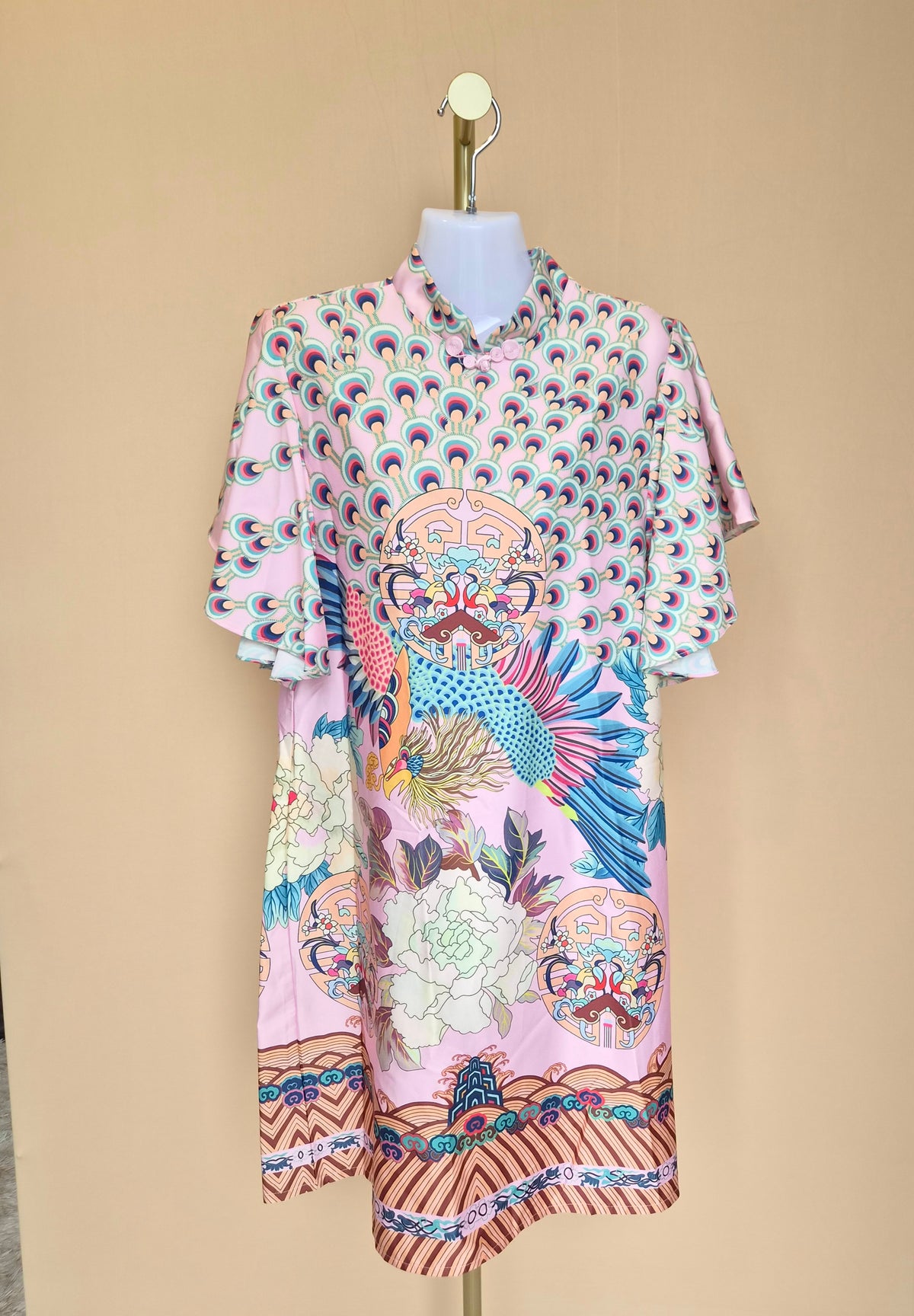 Pink Oriental Peacock Print Flutter-Sleeve Dress – XL