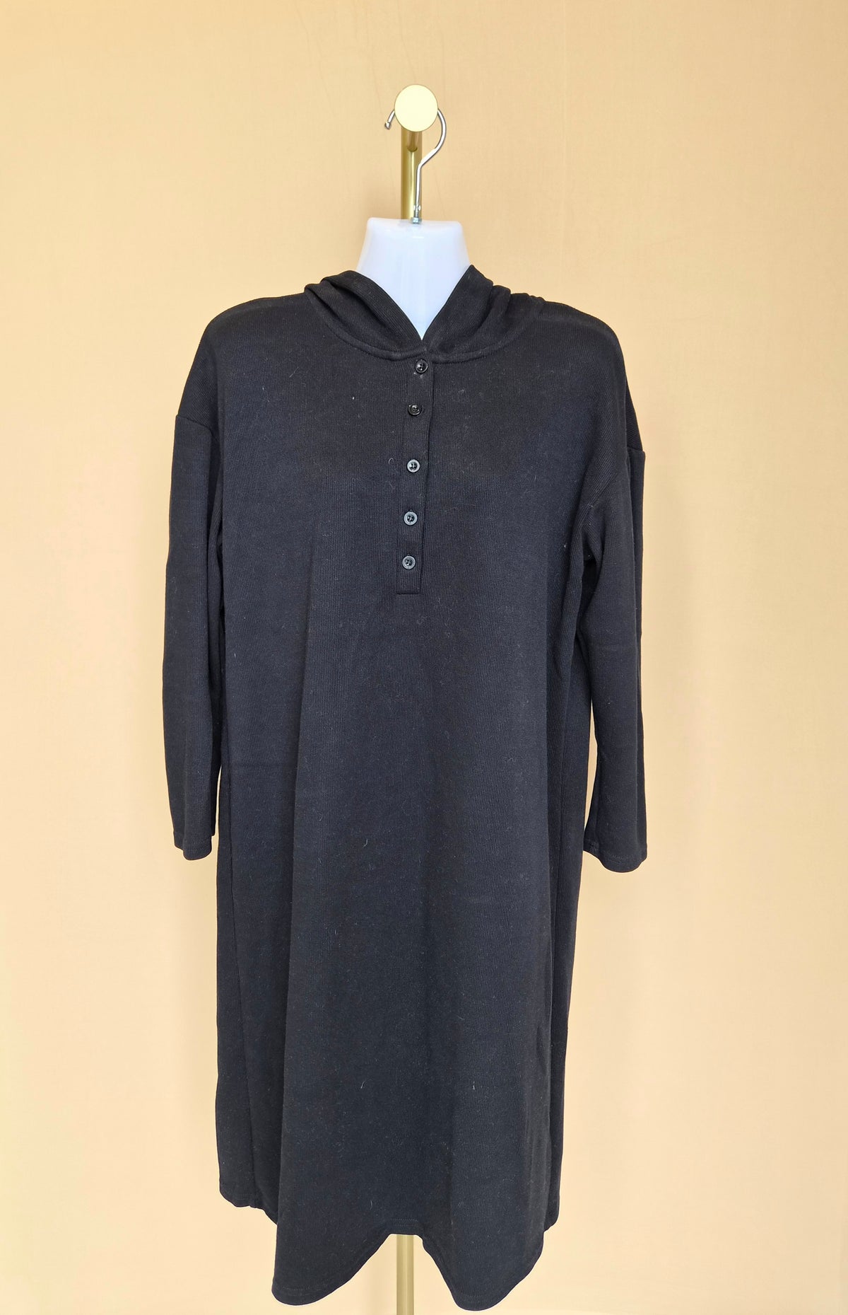 Black Hooded Knit Midi Dress Free Size