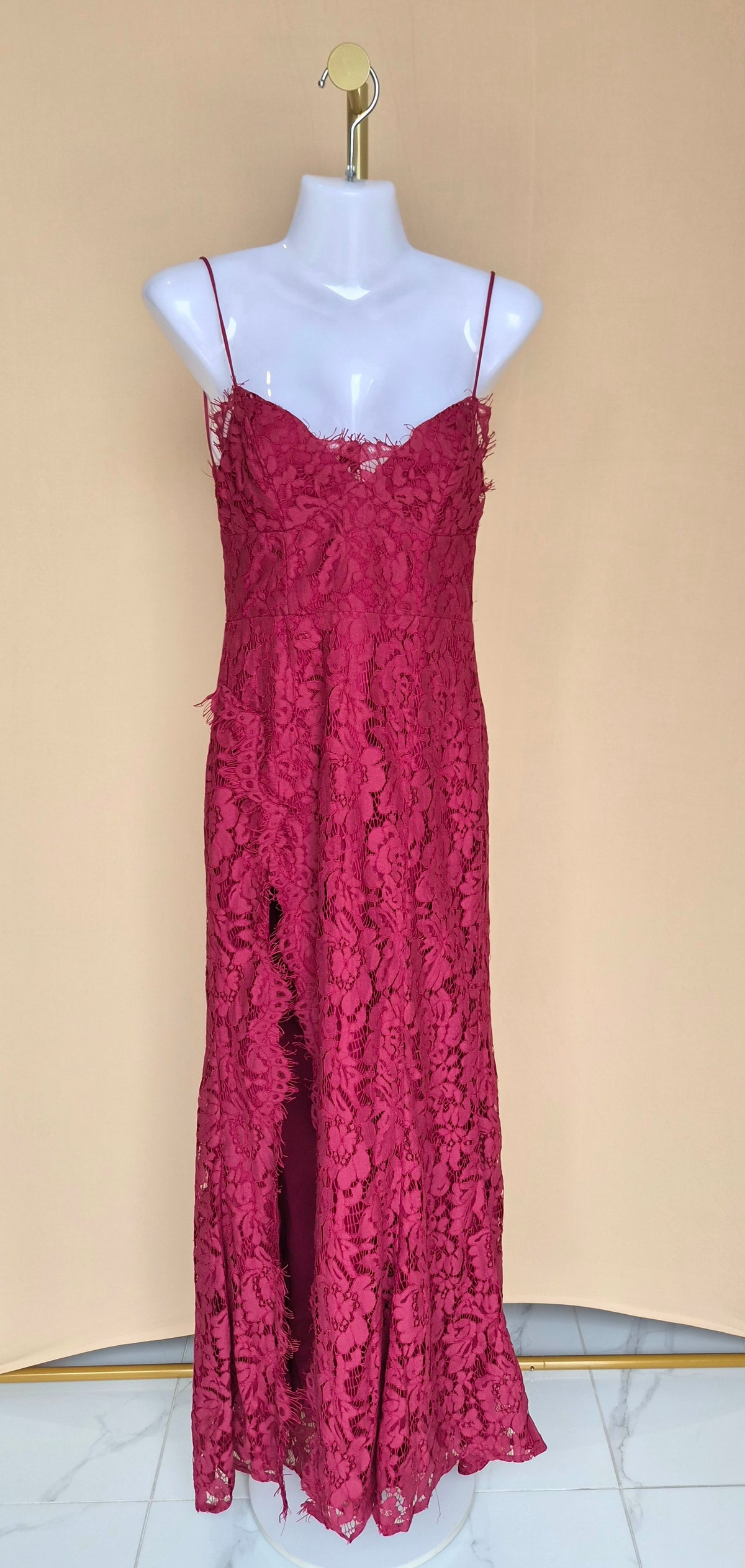 Doublewoot Burgundy Floral Lace Maxi Dress – Size S (Brand New with Tags)