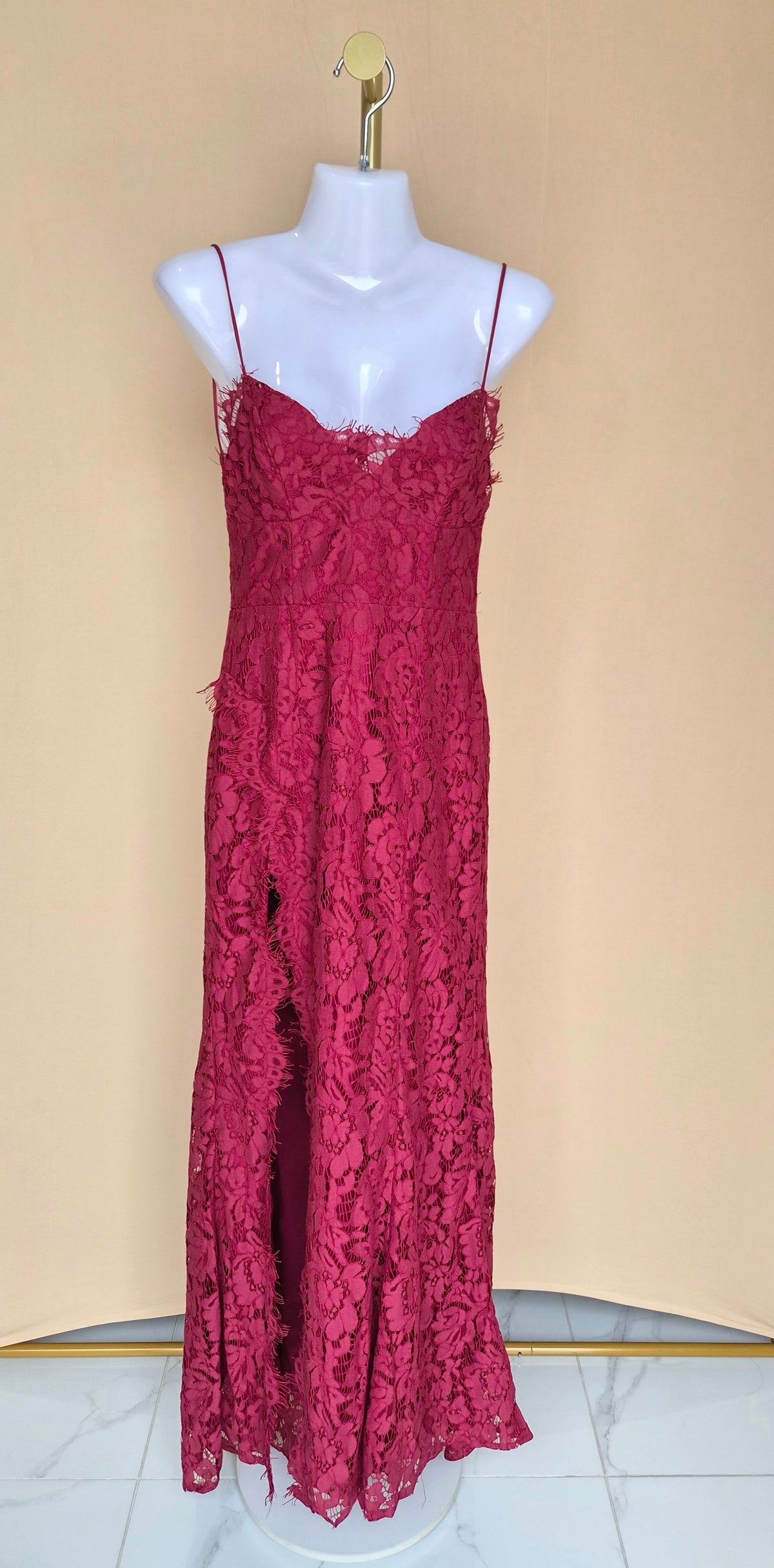 Doublewoot Burgundy Floral Lace Maxi Dress – Size S (Brand New with Tags)