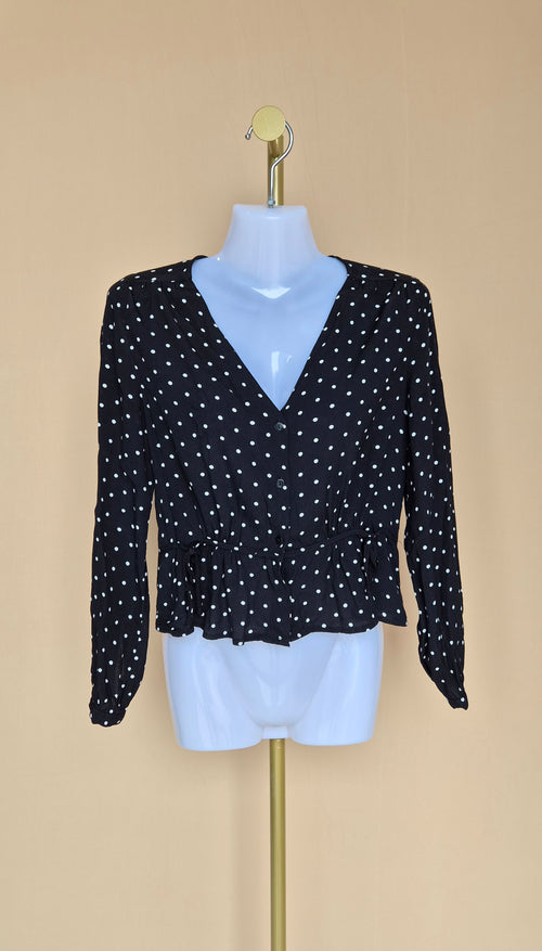 H&M Black and White Polka-Dot Peplum Blouse – Petite XS / UK 4P