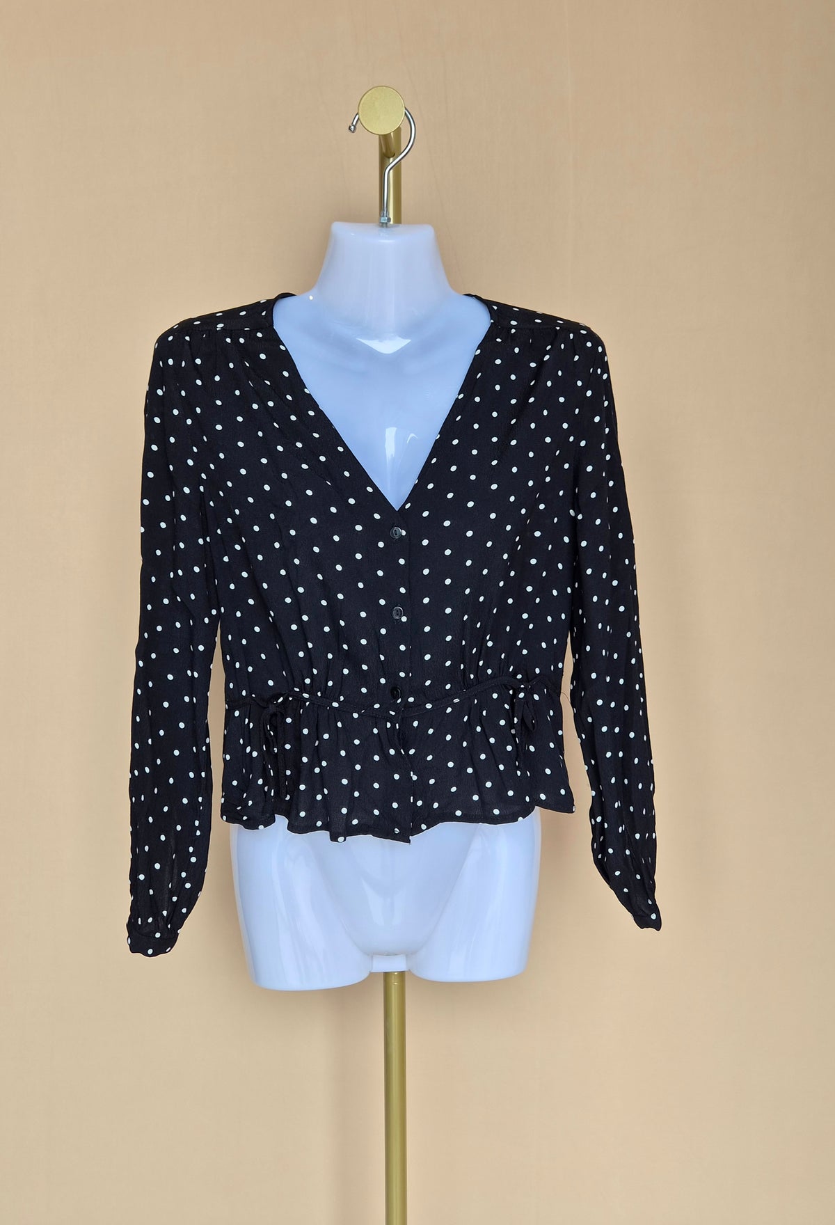 H&M Black and White Polka-Dot Peplum Blouse – Petite XS / UK 4P