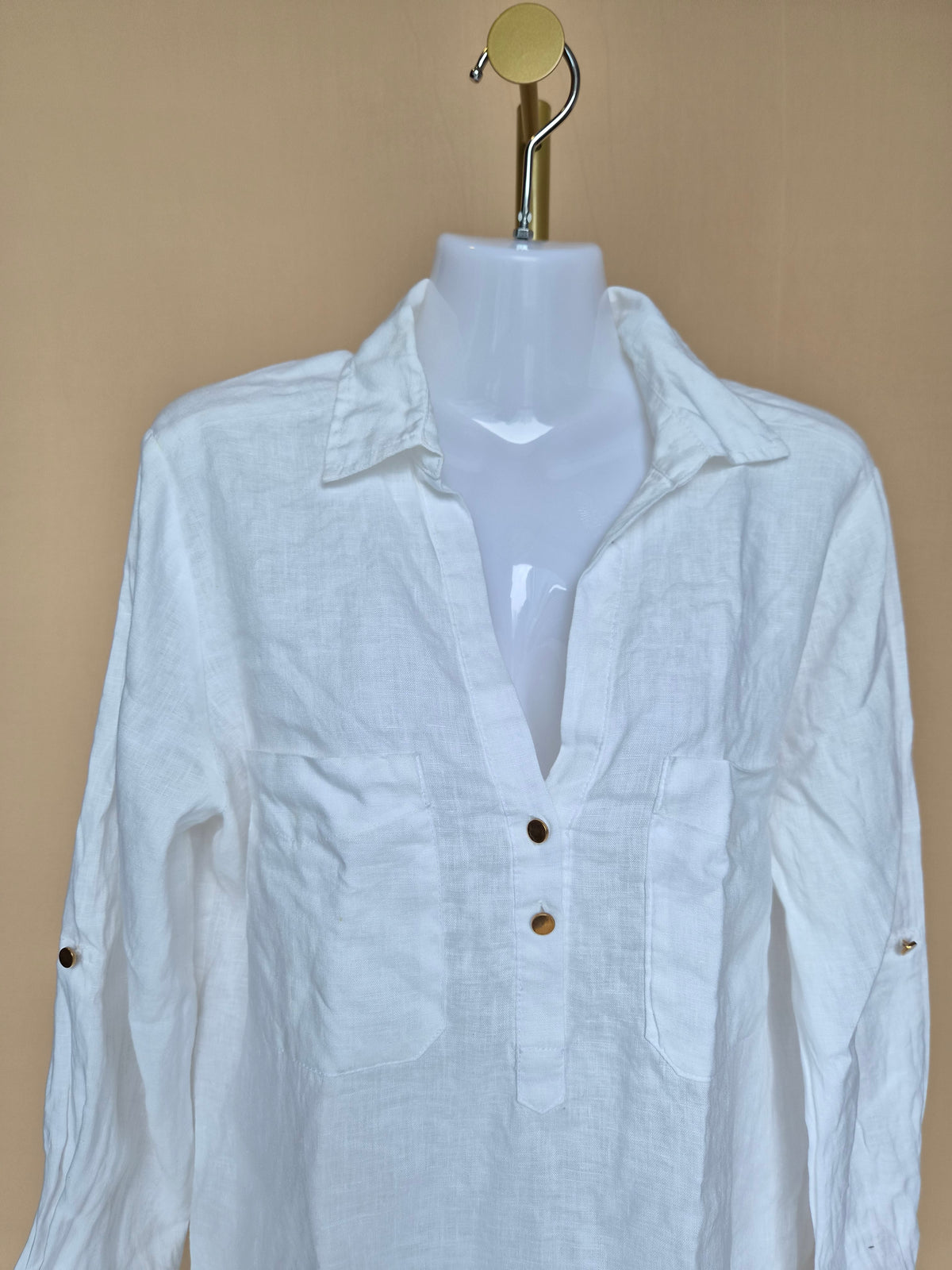 White Linen-Style Roll-Sleeve Shirt – Est Size S