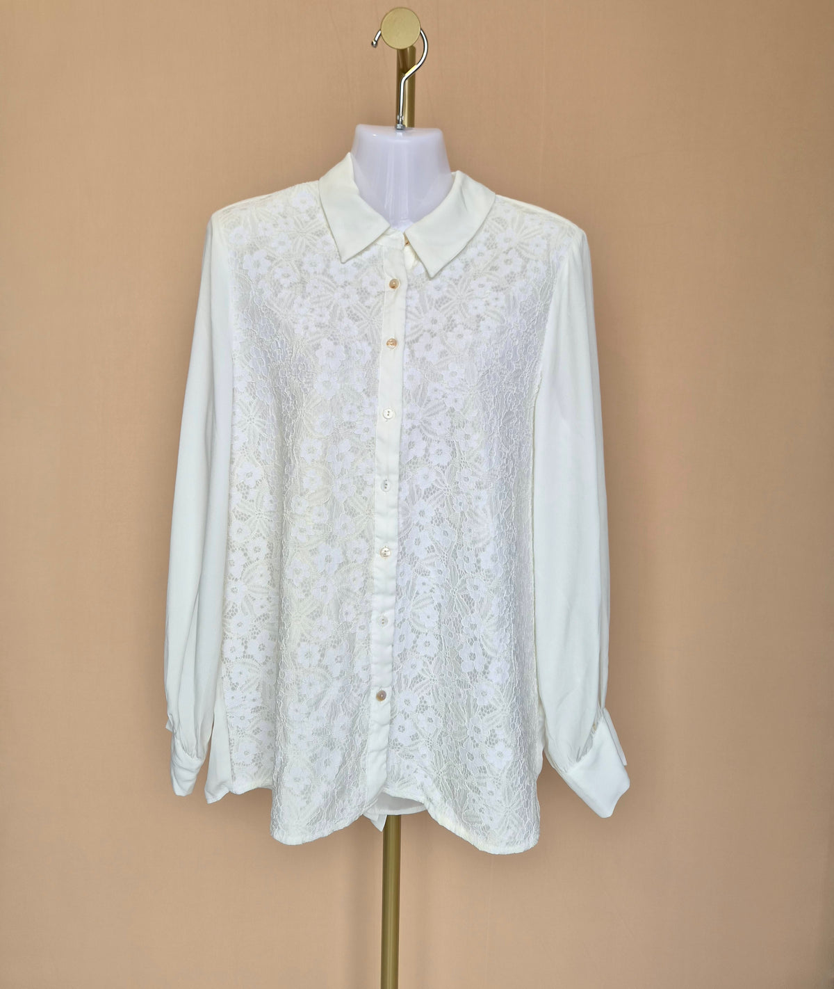Ivory Lace Front Long-Sleeve Blouse