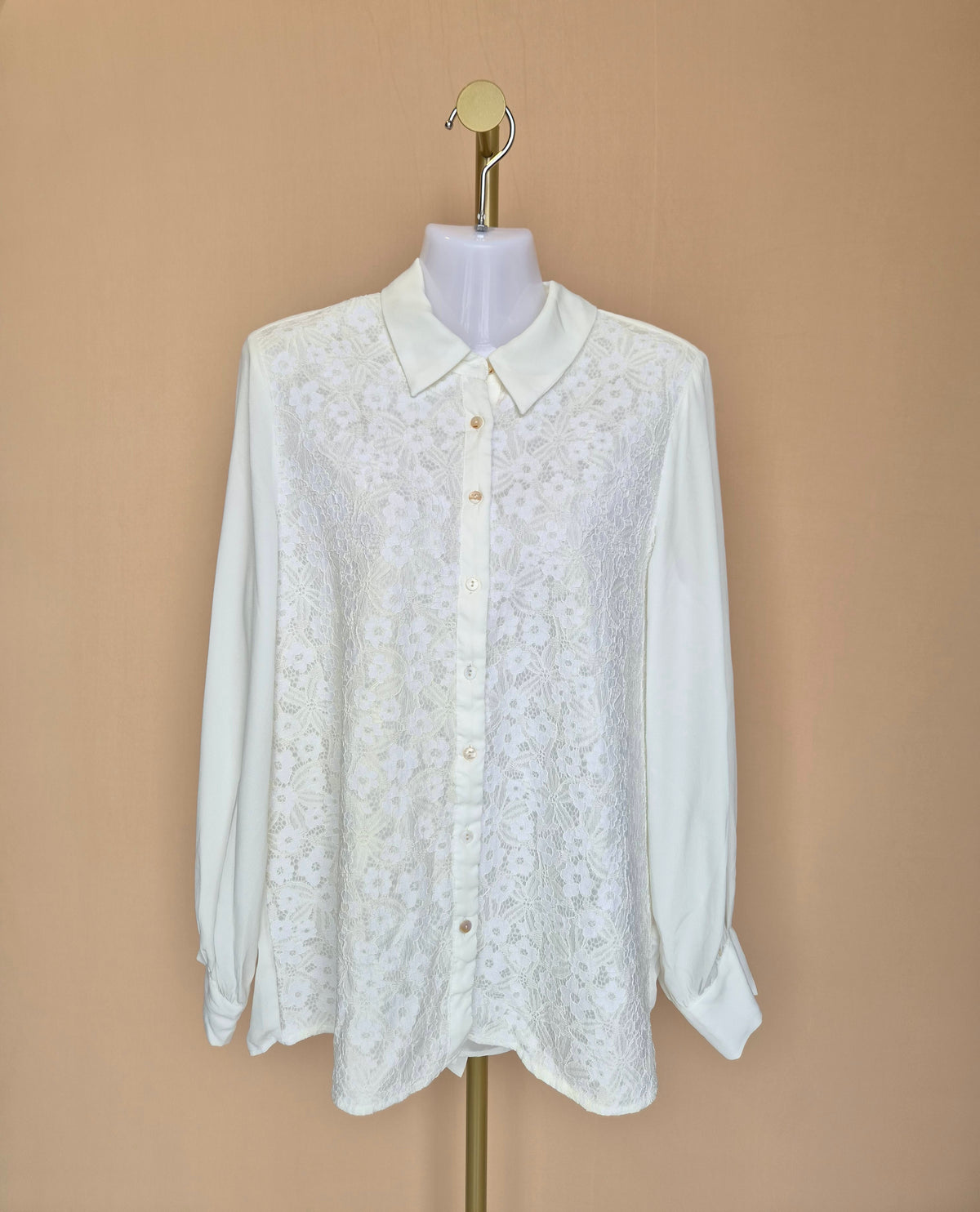 Ivory Lace Front Long-Sleeve Blouse