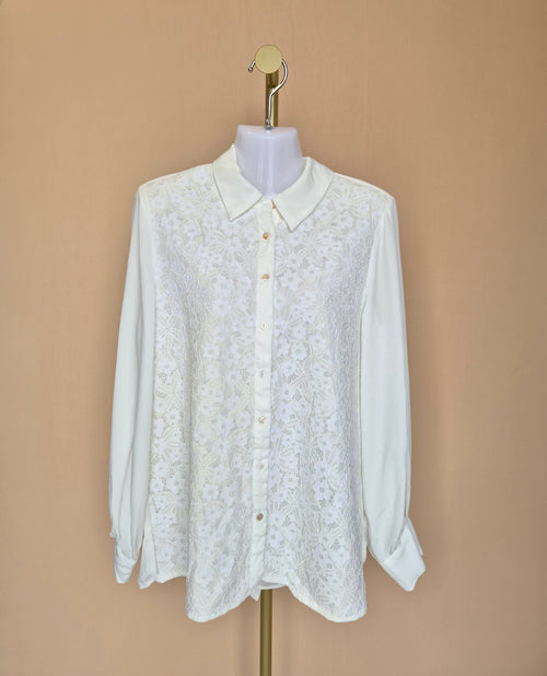 Ivory Lace Front Long-Sleeve Blouse