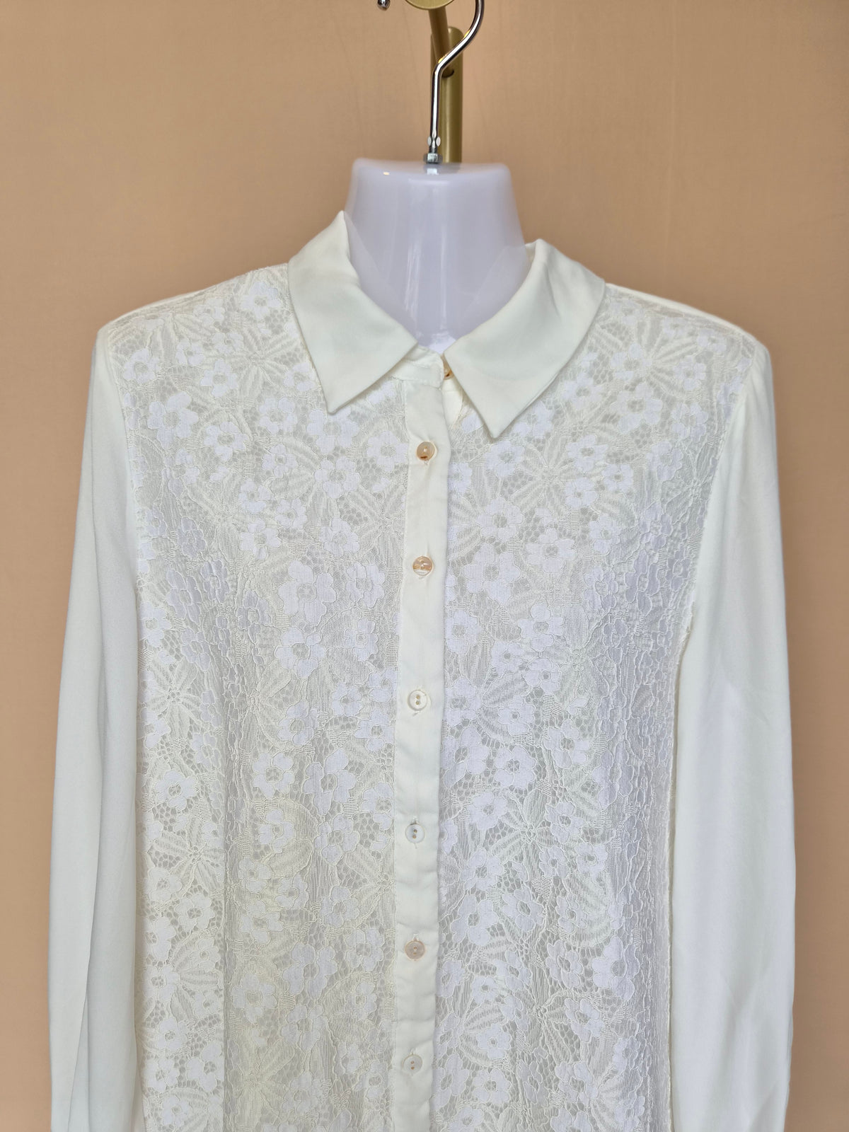Ivory Lace Front Long-Sleeve Blouse