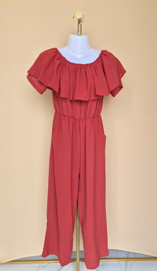 Coral Ruffle Neck Jumpsuit