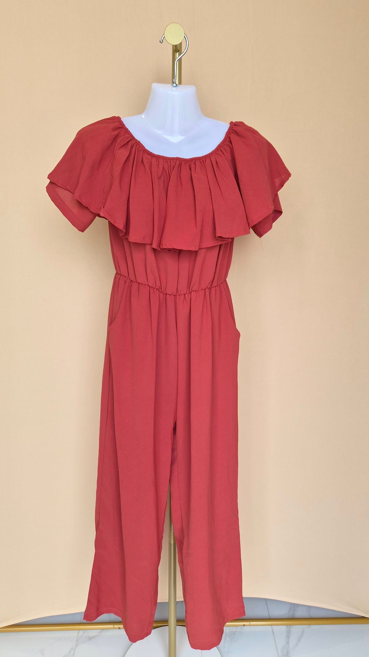 Coral Ruffle Neck Jumpsuit