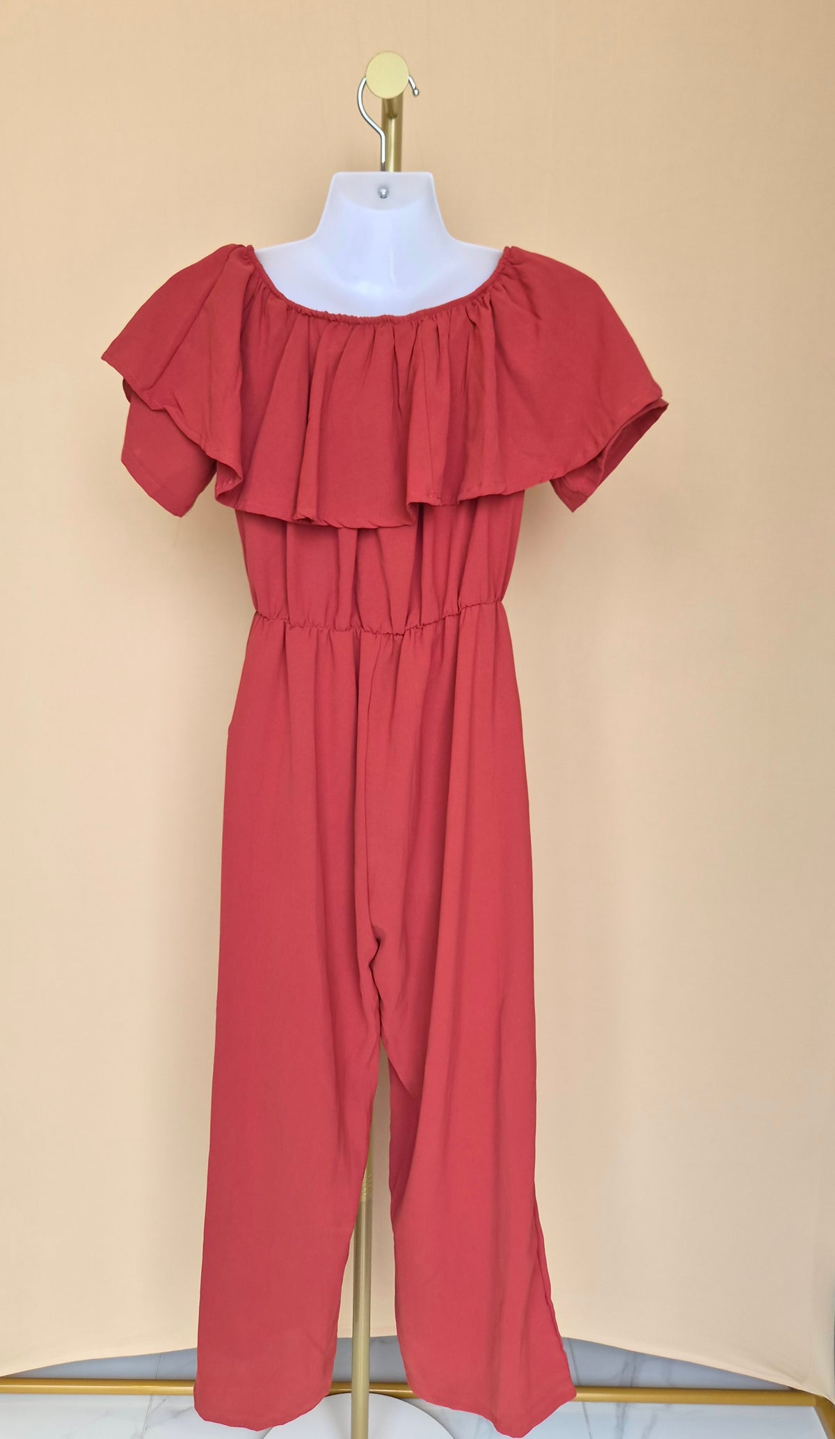 Coral Ruffle Neck Jumpsuit