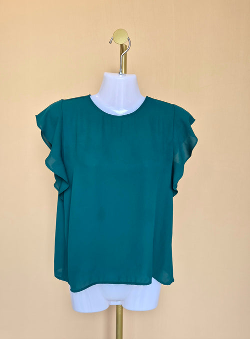 Ann Taylor Factory Petite Teal Flutter Sleeve Blouse – XS Petite
