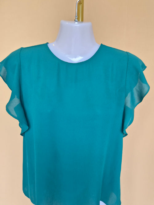 Ann Taylor Factory Petite Teal Flutter Sleeve Blouse – XS Petite