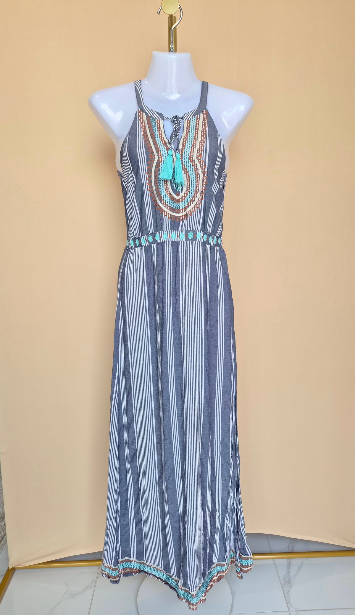 THML Embroidered Striped Maxi Dress – Size XS